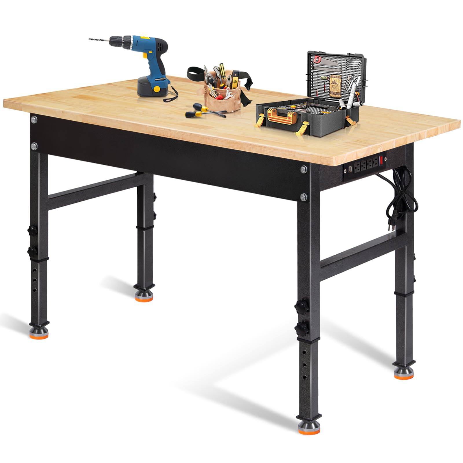 48' Adjustable Work Bench, Rubber Wood Top Workbench Heavy-Duty Work Table With Power Outlet, 2000 Lbs Load Capacity Hardwood Work Benches For Garage, Workshop, Home, Office, Easy Assembly
